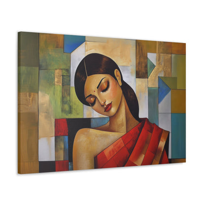 Horizontal-oriented wall art: "Fractured Grace." An Indian woman in traditional attire is depicted in a Cubist style, her contemplative expression framed by geometric shapes and bold colors of red, green, and gold. The textured background and soft dramatic lighting create an elegant and serene composition.