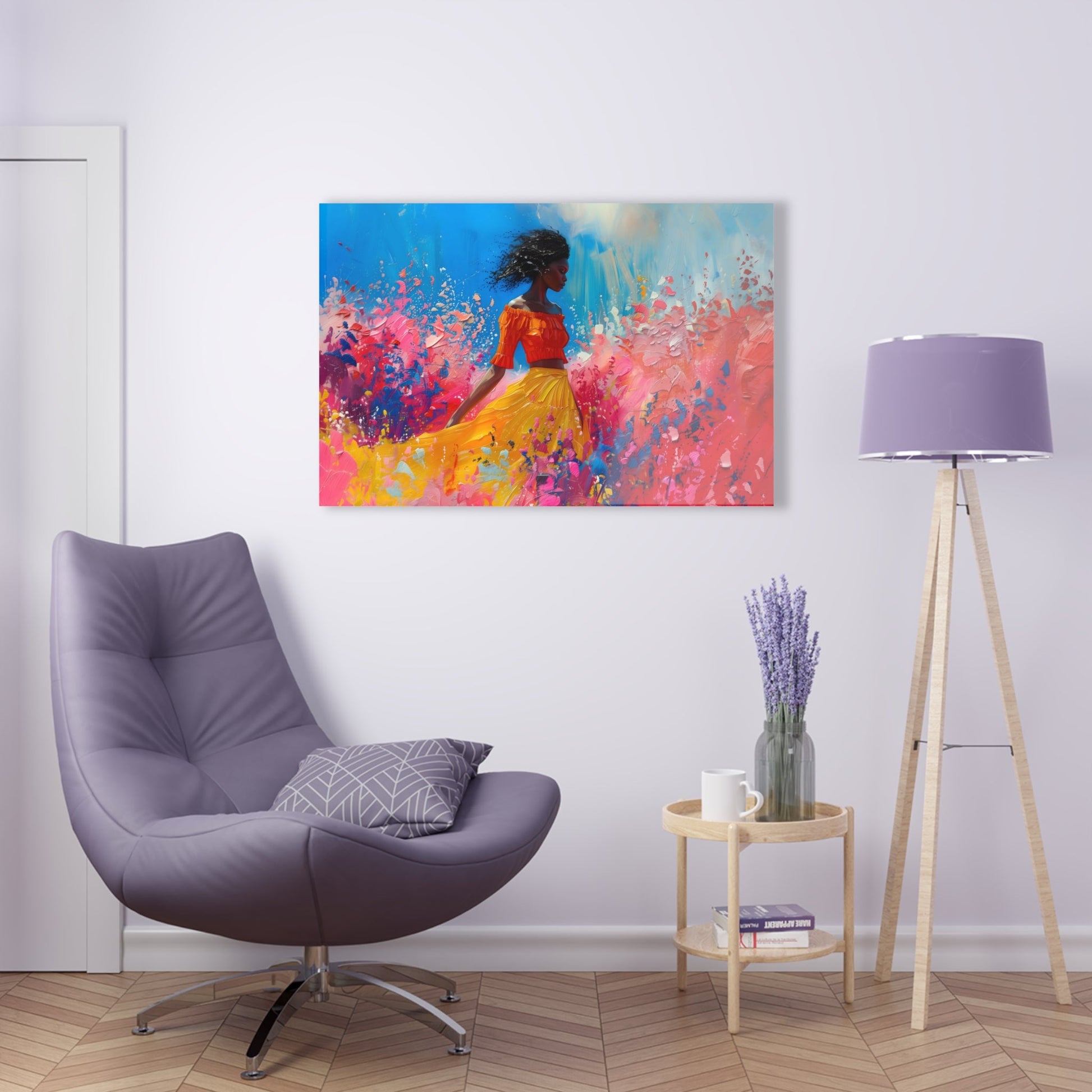 Horizontal-oriented artwork: An abstract palette knife oil painting featuring a woman walking through a colorful landscape of swirling paint splashes and vibrant hues.