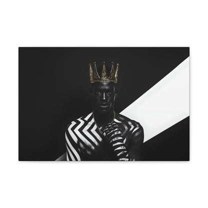 Horizontal-oriented wall art: "Crown of Dignity III" A striking portrait of a regal figure wearing a metallic gold crown, adorned in bold black and white geometric patterns. The artwork captures a modern, dignified presence, blending contemporary abstraction with royal elegance against a high-contrast background.