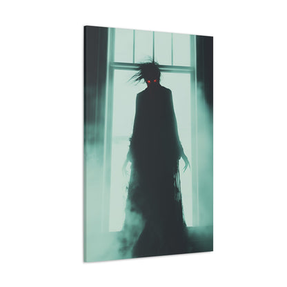 Vertical-oriented wall art: "Haunting Hunger II." A shadowy vampire figure with glowing red eyes stands in a mist-filled room, backlit by a bright window. The eerie atmosphere and chilling silhouette evoke a sense of supernatural dread and Gothic elegance.