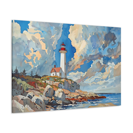 Horizontal-oriented wall art: A watercolor-style painting of a lighthouse perched on rocky cliffs overlooking a vast ocean. The sky is painted in shades of blue with wispy white clouds, and the rugged coastline is depicted in intricate detail.