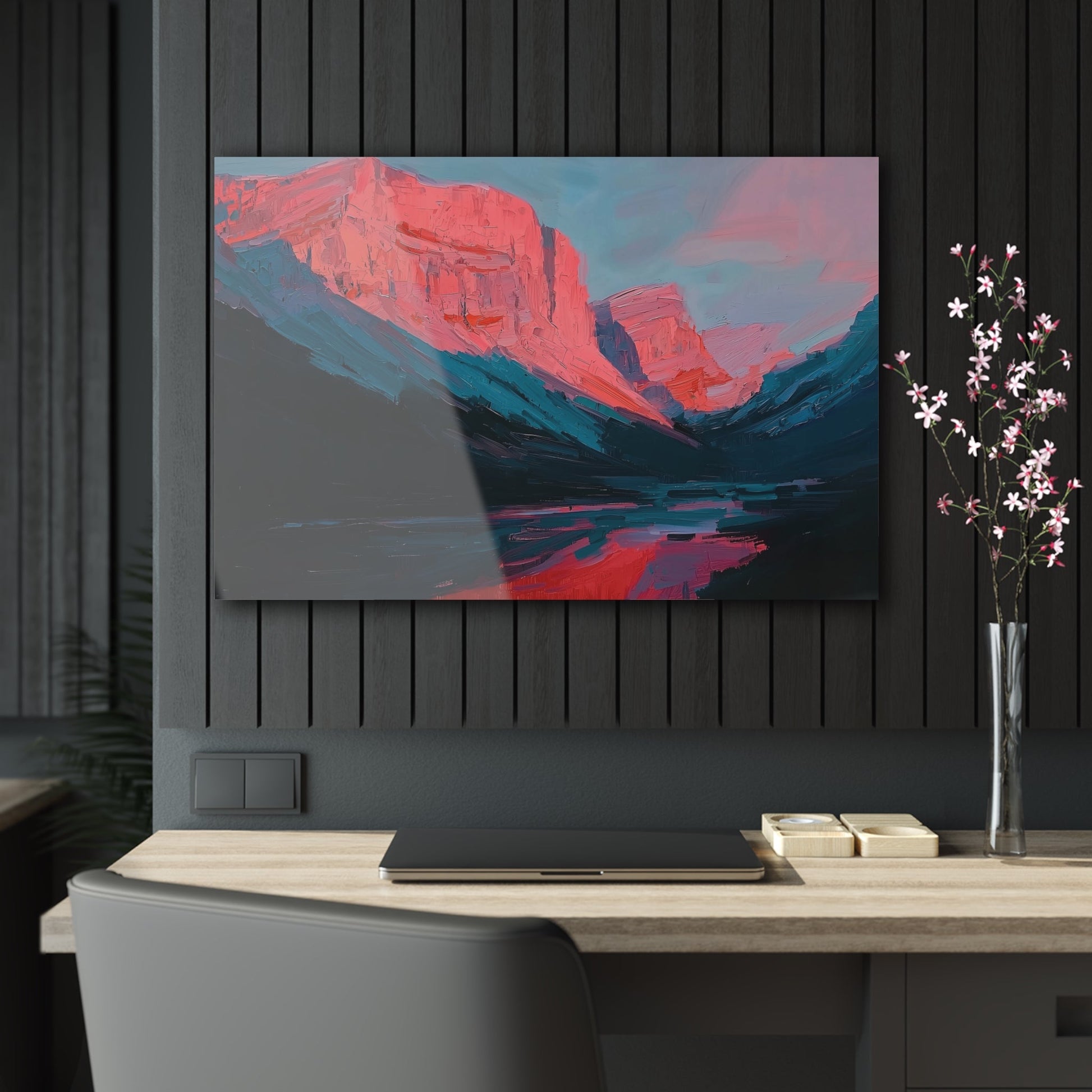 Horizontal-oriented wall art: "Timeless Peaks" Landscape artwork titled Timeless Peaks from the Bold Horizons collection, featuring vibrant crimson and pink mountains reflected in a tranquil lake. The piece highlights bold brushstrokes and a dynamic interplay of warm and cool colors, evoking majesty and serenity.