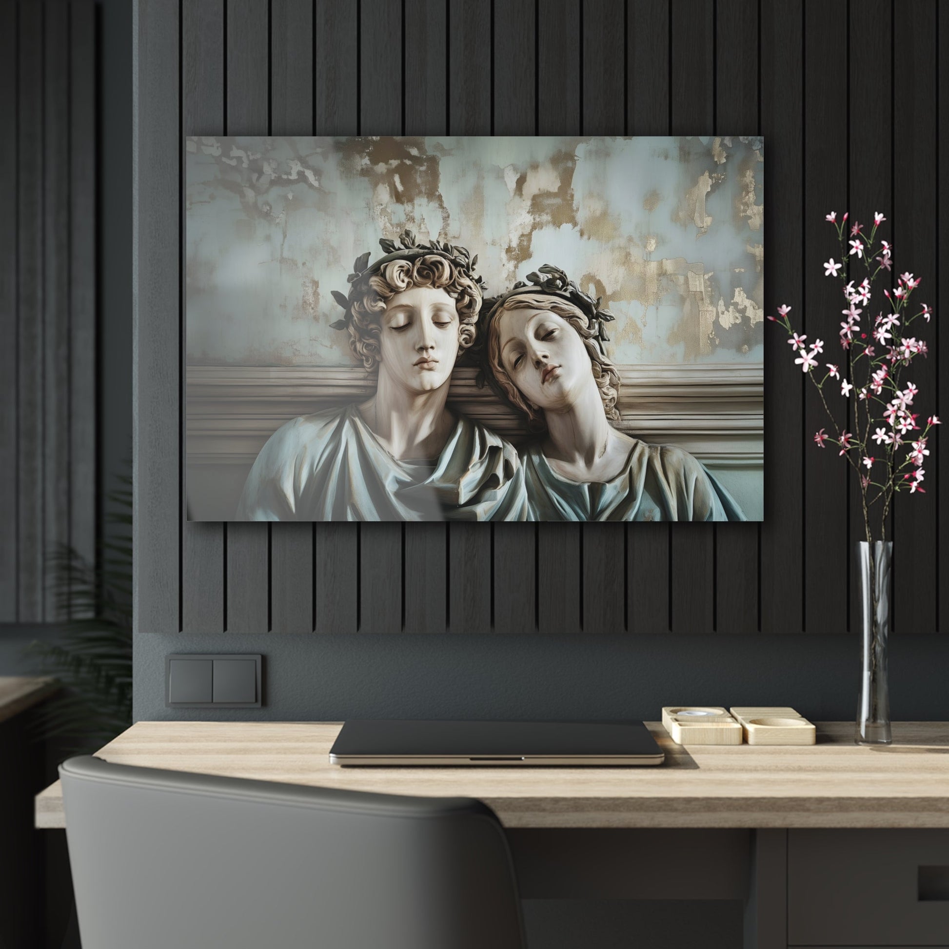 Horizontal-oriented wall art: "Tranquil Companions" Two classical statues, rest their heads against each other with eyes closed, evoking a serene sense of companionship. The weathered background with soft pastel tones and hints of gold adds to the tranquil, nostalgic ambiance of the artwork.