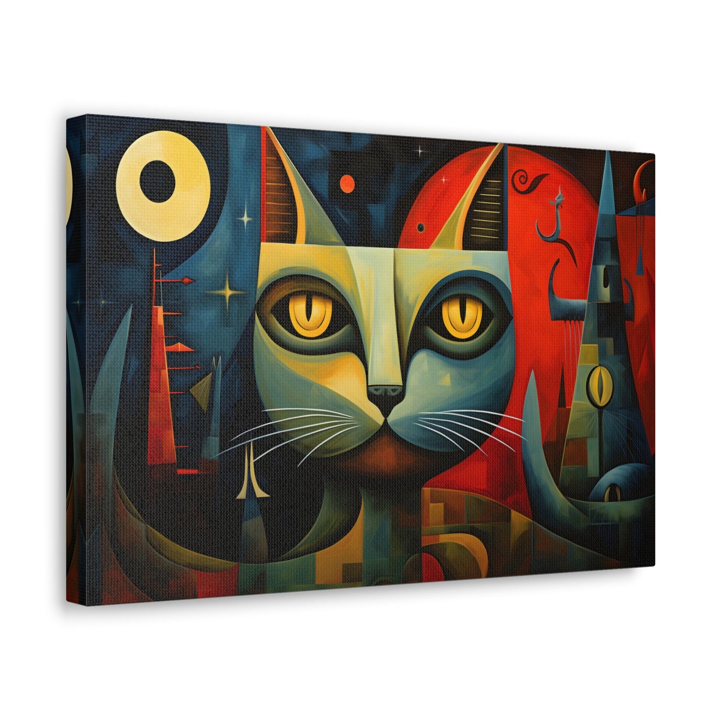 Horizontal-oriented wall art: A Cubist-inspired cat stares directly at the viewer, its eyes glowing with intensity against a backdrop of geometric shapes in deep blues, reds, and yellows. The abstract and surreal composition captures the feline's enigmatic nature, blending elements of modern art movements to create a vivid, otherworldly scene.