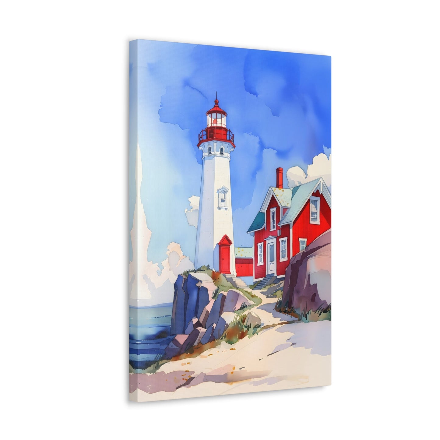 Vertical-oriented wall art: A watercolor-style painting of a lighthouse perched on rocky cliffs overlooking a vast ocean. The sky is painted in shades of blue with wispy white clouds, and the rugged coastline is depicted in intricate detail.