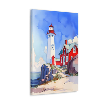 Vertical-oriented wall art: A watercolor-style painting of a lighthouse perched on rocky cliffs overlooking a vast ocean. The sky is painted in shades of blue with wispy white clouds, and the rugged coastline is depicted in intricate detail.