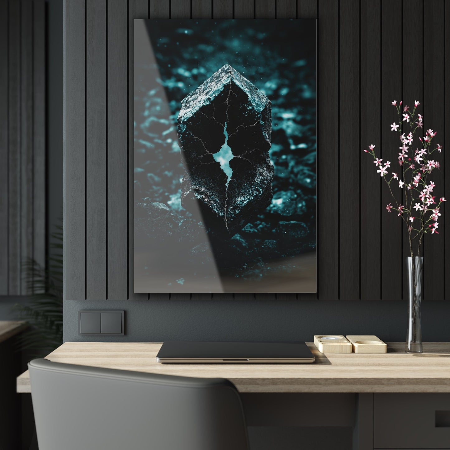 Vertical-oriented wall art: "Fractured Veil II" A glowing, fractured stone with jagged teal cracks sits amid a dark, rocky terrain, radiating an otherworldly light. The hyperreal textures and eerie illumination evoke a sense of mystery and untapped cosmic power.