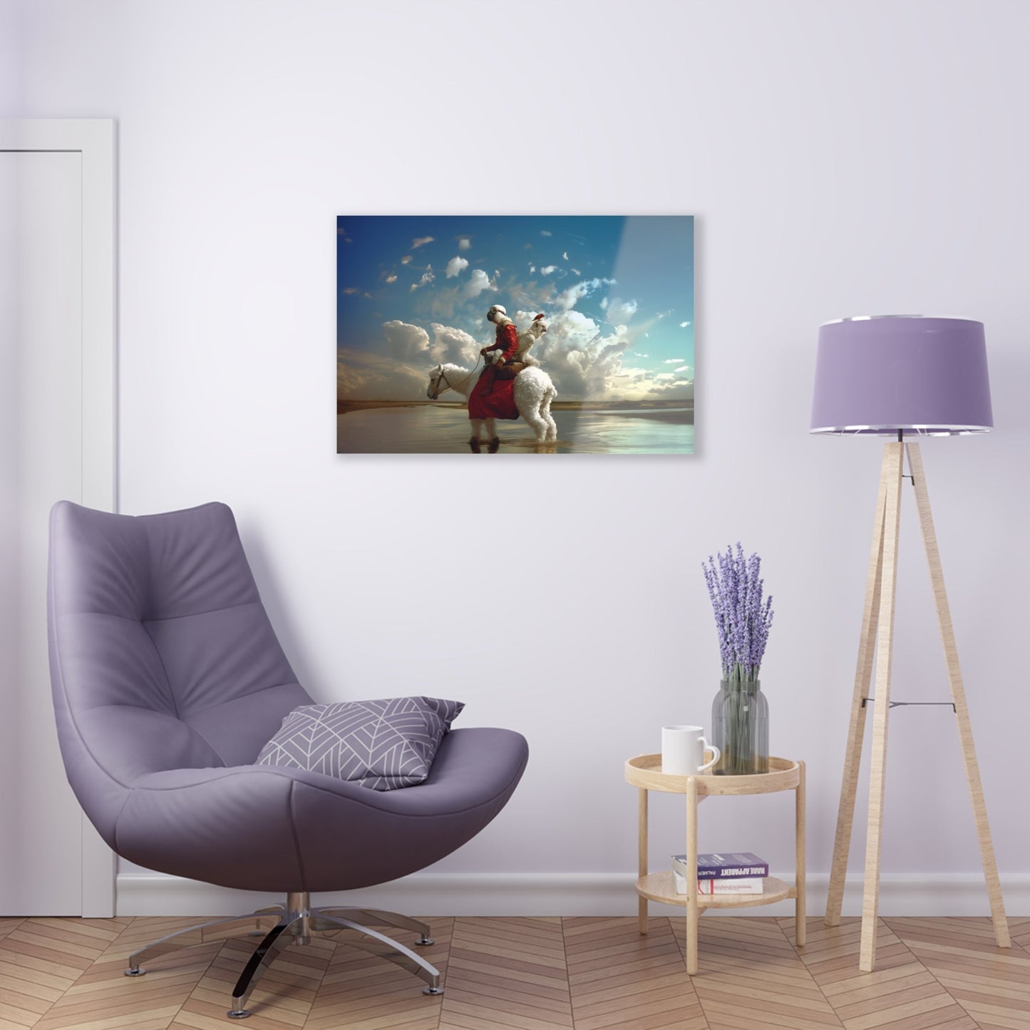 Horizontal-oriented wall art: A surreal photorealistic artwork featuring a monkey dressed in a red top and brown boots riding a white alpaca through shallow water in the desert. The monkey is accompanied by a red bird and a white parrot, all under a cloudy blue sky.