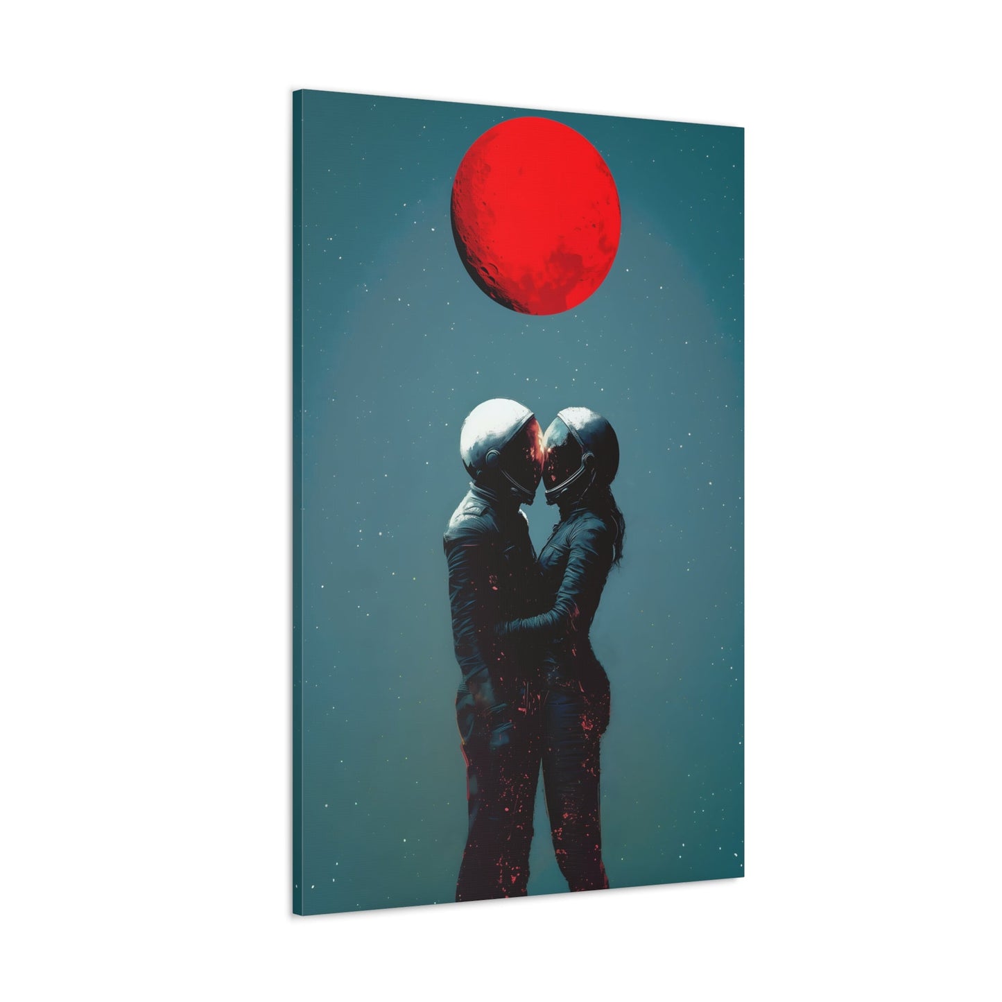 Vertical-oriented wall art: "Galactic Romance IV" depicts two astronauts embracing under a glowing red moon, their helmets gently touching as they share a moment of intimacy in space. The starry background contrasts with the fiery red moon, emphasizing the romantic and cosmic connection between the figures.