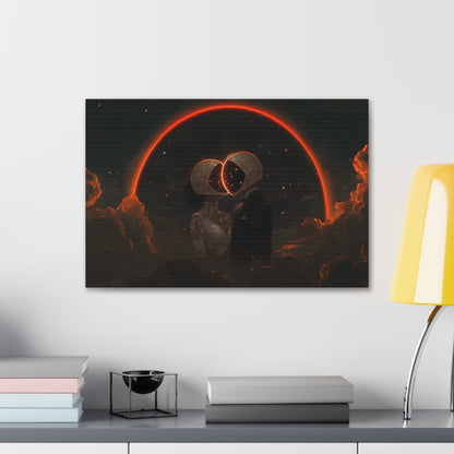 Horizontal-oriented wall art: Two astronauts, dressed in a tuxedo and a wedding dress, share a romantic kiss in space with their helmets forming a glowing heart shape. The dark, starry sky and the bright, orange-red halo create a whimsical and dreamy atmosphere.