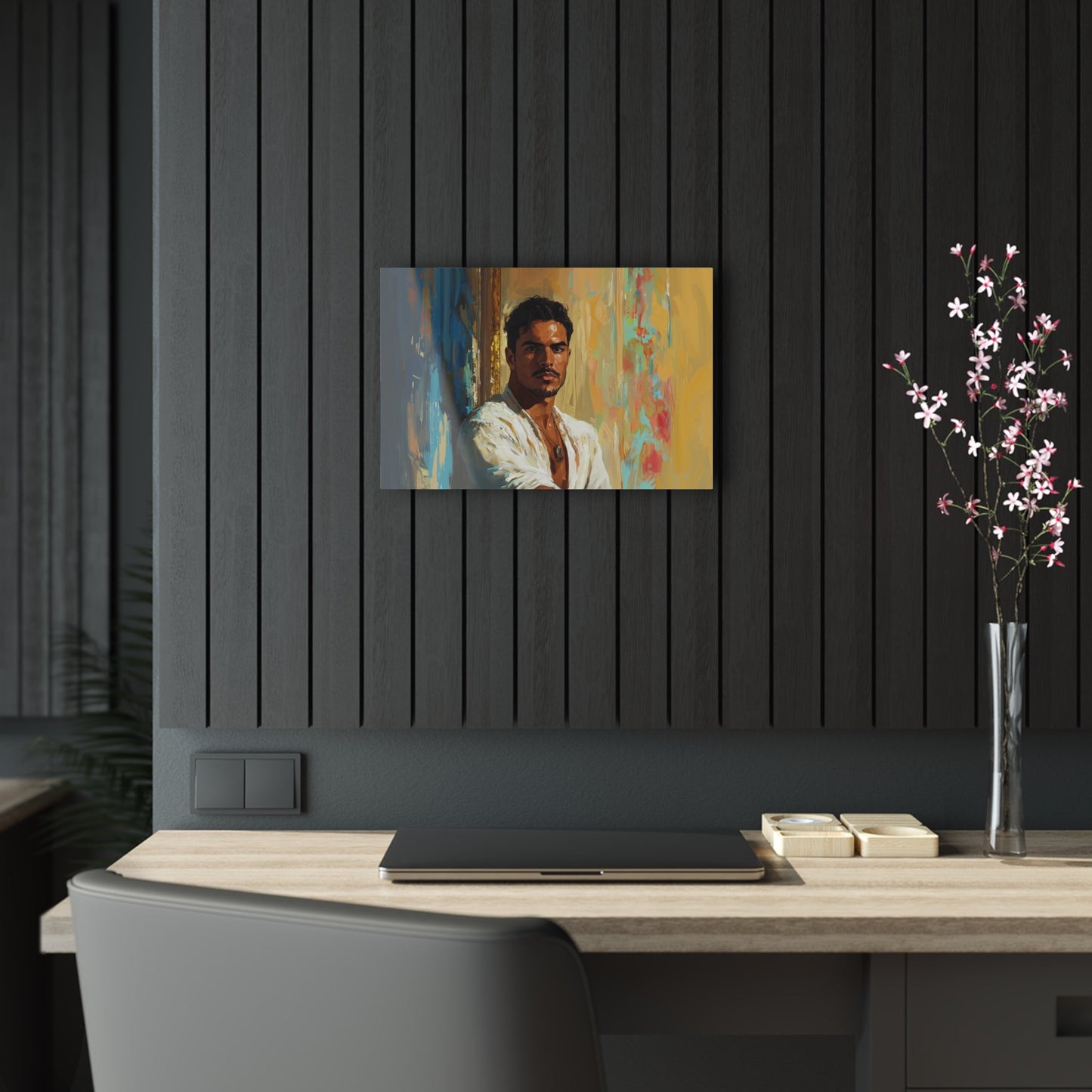 Horizontal-oriented wall art: "Stillness in Strength." A contemplative Latino man gazes forward with quiet confidence, surrounded by warm golden hues and cool blue accents. The oil painting style and radiant lighting create a refined and introspective composition.