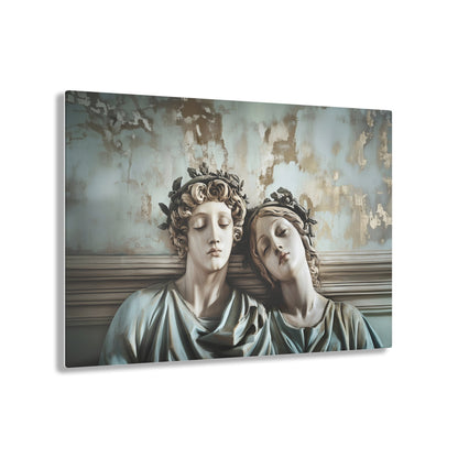 Horizontal-oriented wall art: "Tranquil Companions" Two classical statues, rest their heads against each other with eyes closed, evoking a serene sense of companionship. The weathered background with soft pastel tones and hints of gold adds to the tranquil, nostalgic ambiance of the artwork.