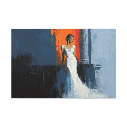 Horizontal-oriented wall art: "Ivory Vision." A poised woman stands gracefully in an ivory gown, illuminated by warm light against a vibrant orange and cool blue background. The palette knife painting technique enhances the textured details, evoking elegance and serenity.