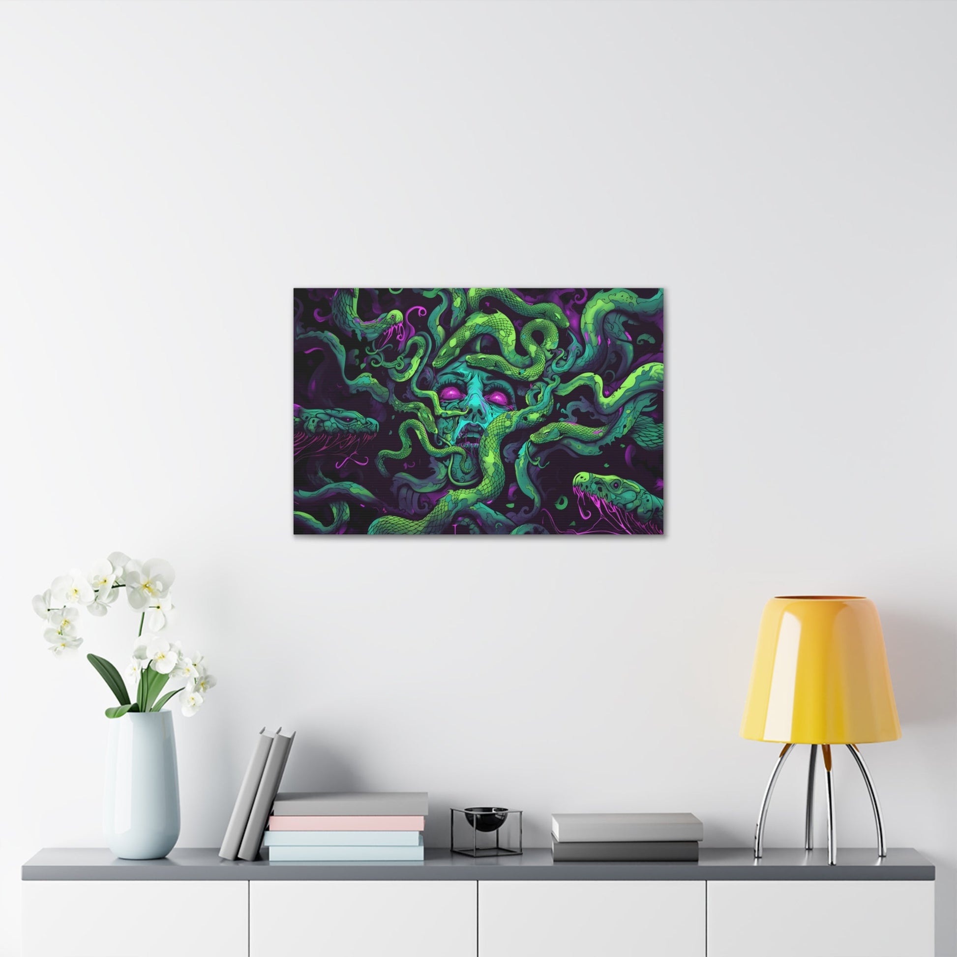 Horizontal-oriented artwork: An eerie digital illustration depicting the mythical figure Medusa, with vivid green and purple hues. Medusa's captivating gaze is surrounded by swirling, eldritch energies, evoking an aura of mystery and allure.