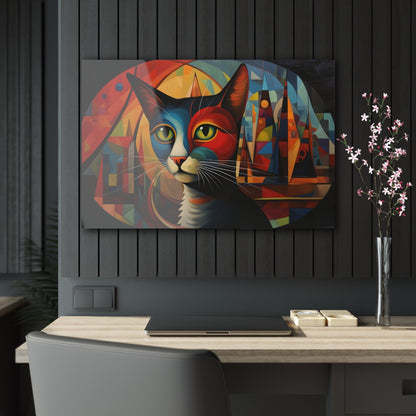 Horizontal-oriented wall art: A vibrant, abstract portrayal of a cat featuring dynamic angles and bold geometric shapes, rendered in rich, saturated colors. The composition captures the essence of the feline’s curiosity and grace, offering a modernist perspective on the animal world.