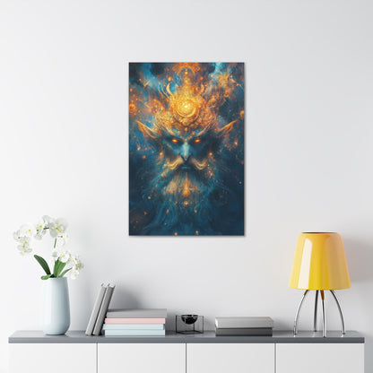 Vertical-oriented wall art "Celestial Djinn II" A cosmic djinn with glowing eyes and intricate golden patterns emerges from a swirl of azure and gold energy. This mystical artwork captures the celestial power and ancient wisdom of a divine being.