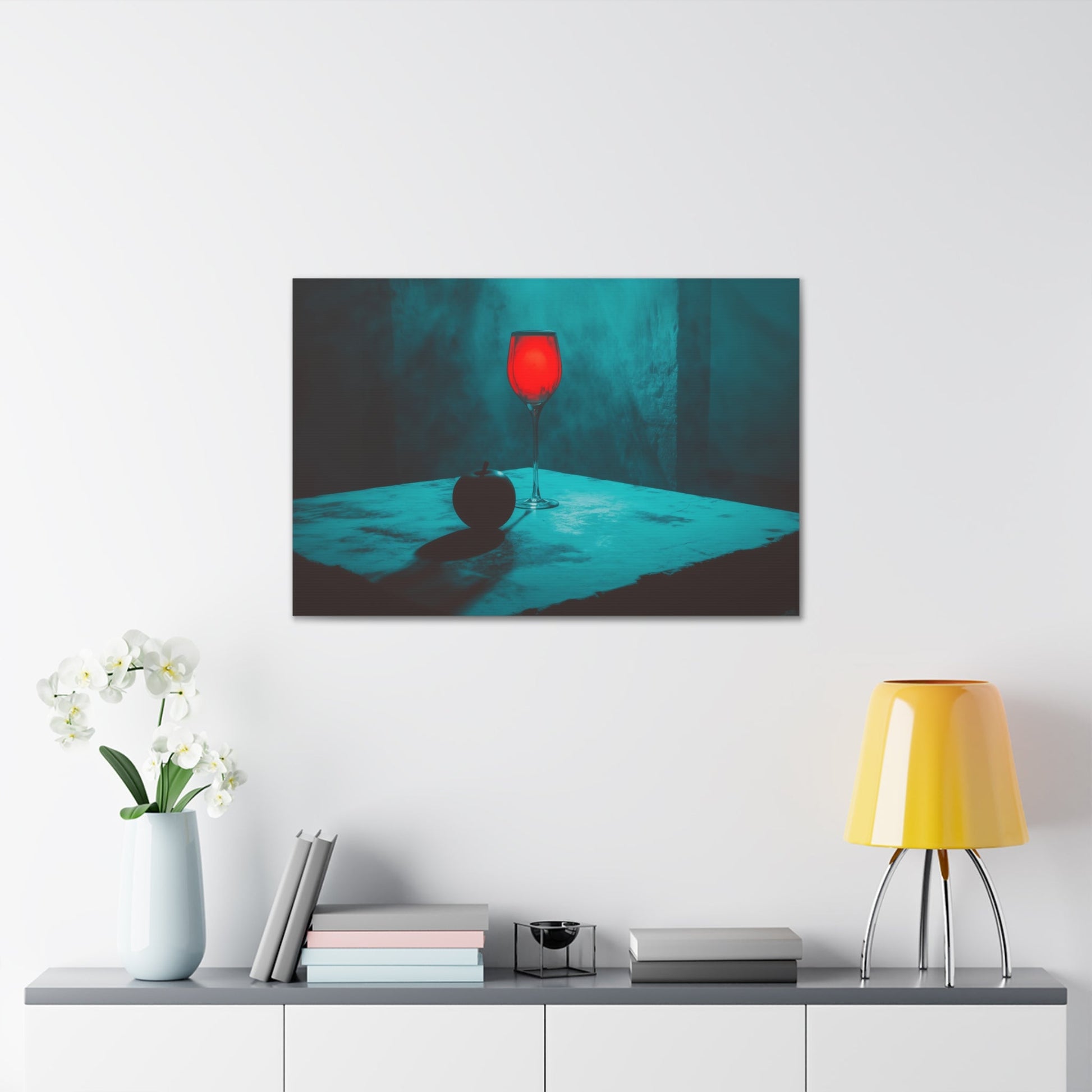 Horizontal-oriented wall art: "Eden’s Reflection" A glowing crimson wine glass and a shadowed black apple rest on a textured table, surrounded by a misty teal atmosphere. This gothic still-life composition captures an air of mystery and temptation with its striking interplay of light and shadow.