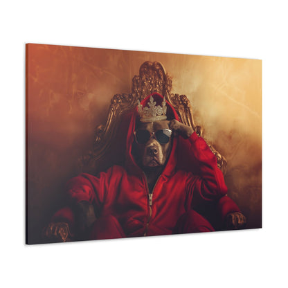 Horizontal-oriented wall art: "Crowned Companion" A regal dog sits on an ornate golden throne wearing a crown, sunglasses, and a red hoodie, exuding confidence and charm. This playful artwork combines luxury with a modern twist, celebrating the noble spirit of pets.