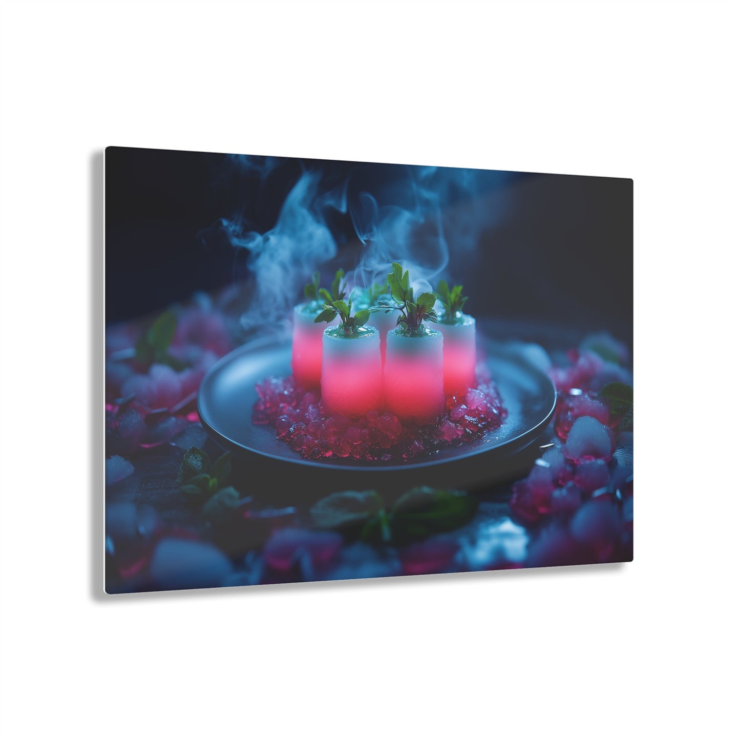 Horizontal-oriented wall art: "Xeno Cuisine." A glowing arrangement of alien meat and bioluminescent vegetables sits on an obsidian plate, surrounded by vapor and crystalline accents. The vibrant pink and cool blue tones contrast against the dark background, creating an otherworldly and surreal atmosphere.