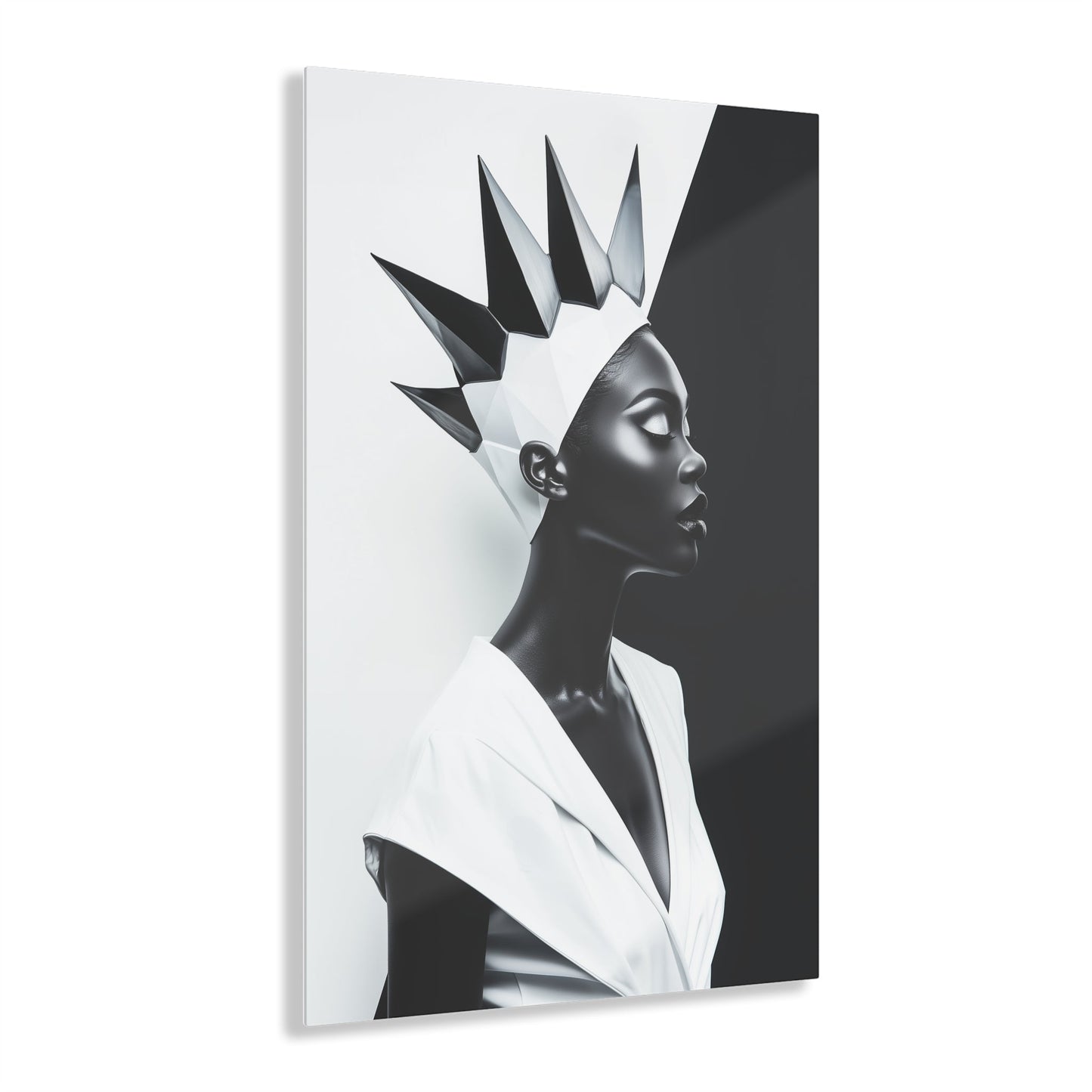 Vertical-oriented wall art: "Majestic Symmetry II" A striking portrait of a modern Black queen with a sharp geometric crown, set against a bold monochromatic background. The artwork highlights her regal elegance and symmetry, blending contemporary design with timeless sophistication.