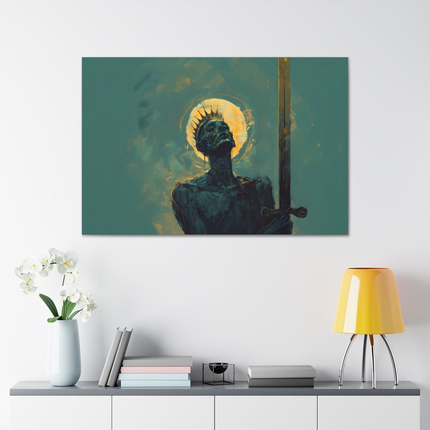 Horizontal-oriented wall art: An undead mummified king stands regally in the desert sands, bathed in the warm golden light of the sun.