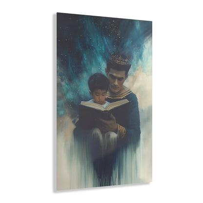 Vertical-oriented wall art: "Crowning Knowledge VI" depicts a father and son wearing golden crowns, reading a book together, surrounded by a swirling, cosmic blue and teal background. The soft, ethereal atmosphere emphasizes the serene and mystical bond of shared learning and wisdom between the two figures.