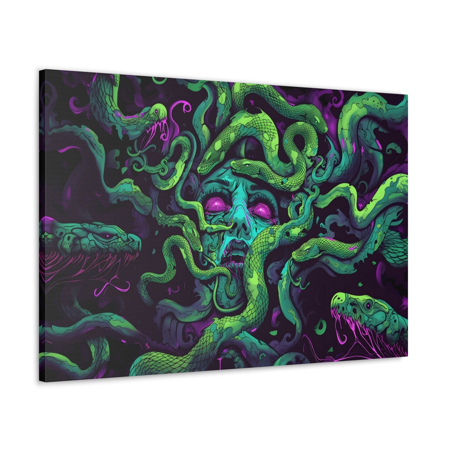 Horizontal-oriented artwork: An eerie digital illustration depicting the mythical figure Medusa, with vivid green and purple hues. Medusa's captivating gaze is surrounded by swirling, eldritch energies, evoking an aura of mystery and allure.