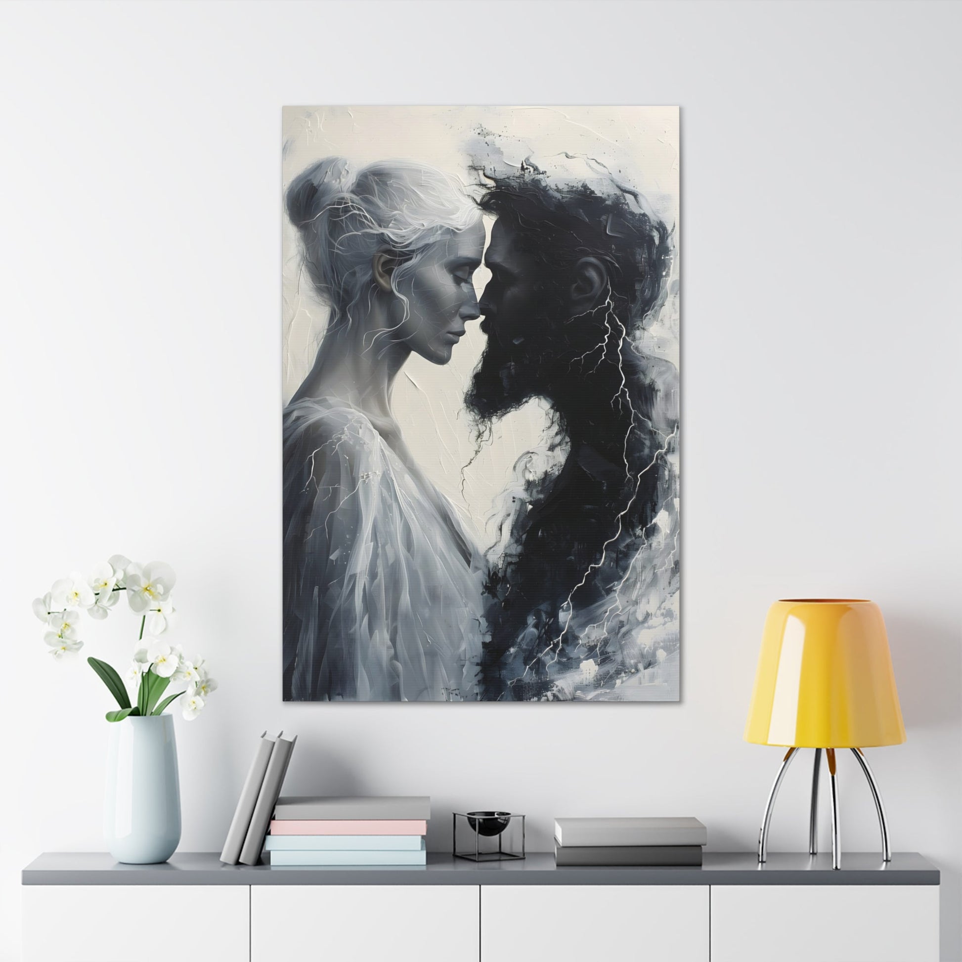 Vertical-oriented wall art: "Storm of Affection" from the Elysian Legends collection depicts Zeus and Hera in a surreal, tempestuous scene surrounded by swirling clouds and lightning, symbolizing their passionate and conflict-filled love. The dramatic lighting and ethereal elements enhance the divine and mythical atmosphere, drawing viewers into the epic narrative of these Greek gods.