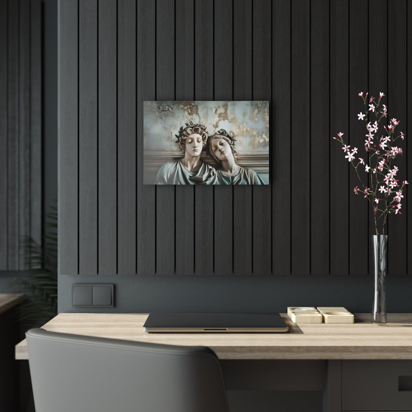 Horizontal-oriented wall art: "Tranquil Companions" Two classical statues, rest their heads against each other with eyes closed, evoking a serene sense of companionship. The weathered background with soft pastel tones and hints of gold adds to the tranquil, nostalgic ambiance of the artwork.