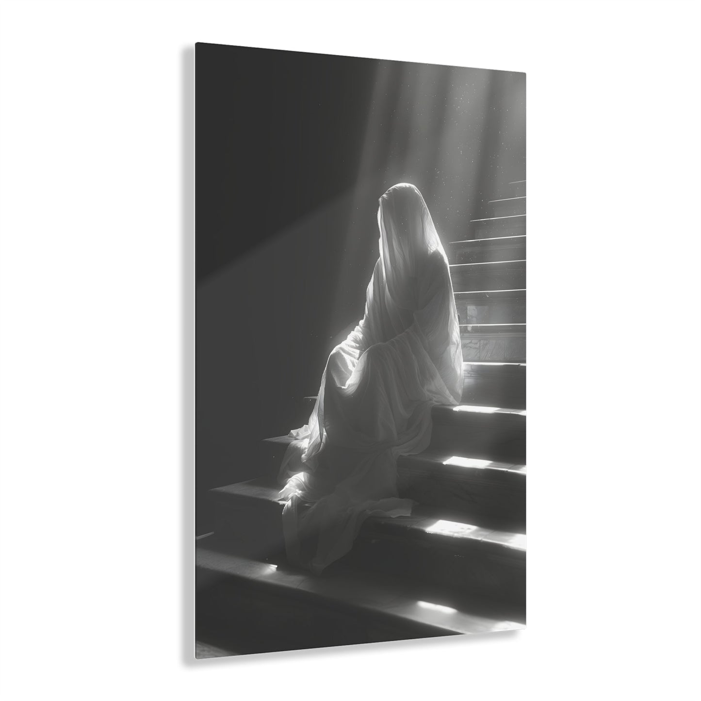 Vertical-oriented wall art: An eerie depiction of a ghostly apparition, its translucent form sitting on stairs, surrounded by a soft, ethereal glow.