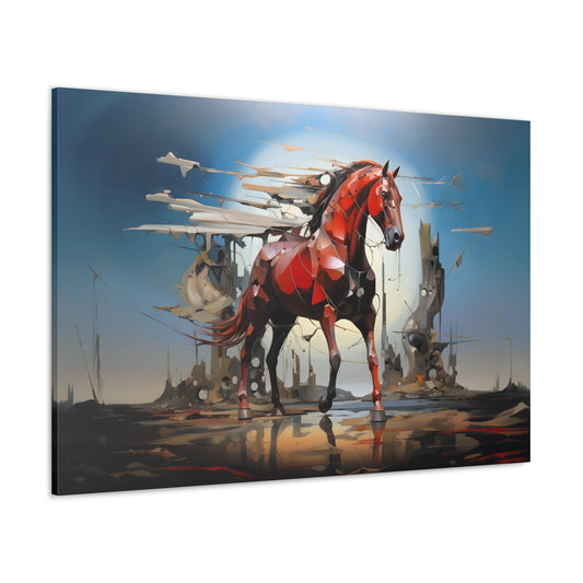 Horizontal-oriented wall art: A vibrant, abstract red horse stands in the center of an industrial, surreal landscape, its body formed from angular, geometric shapes. The contrast between the horse's fluid motion and the mechanical surroundings creates a captivating tension between nature and technology.