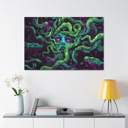 Horizontal-oriented artwork: An eerie digital illustration depicting the mythical figure Medusa, with vivid green and purple hues. Medusa's captivating gaze is surrounded by swirling, eldritch energies, evoking an aura of mystery and allure.