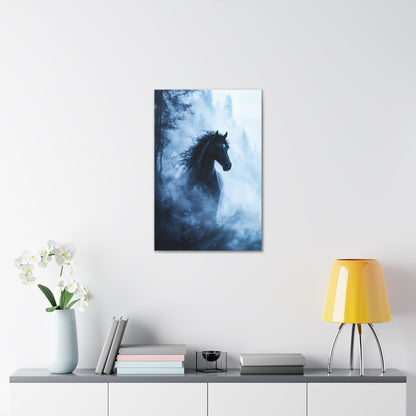 Vertical-oriented wall art: "Shadowed Stallion IV" A powerful black stallion charges through a misty forest, its mane flowing wildly as snow swirls around it. The contrast between the horse's dark figure and the soft, ethereal fog creates a striking, otherworldly scene.