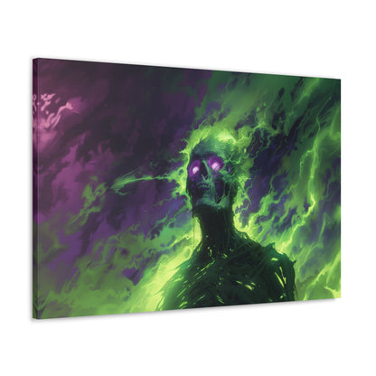 Horizontal-oriented artwork: An eerie illustration featuring a mystical lich with glowing eyes, surrounded by eldritch energies in shades of green and purple, against a dark, ominous background.