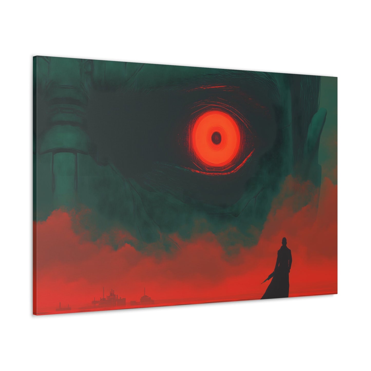 Horizontal-Oriented wall art: A lone hero stands before a massive, glowing red eye that dominates the dark, ominous landscape, symbolizing the looming threat of the final boss. The intense contrast of deep greens and fiery reds heightens the tension, capturing the moment before an epic battle.