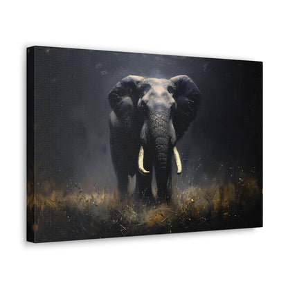 Horizontal-oriented wall art: Elephant's Shadow from the Darklight Bestiary collection depicts a majestic elephant inspired by Chiaroscuro painting technique. The interplay of light and shadow highlights the elephant's powerful form, creating a dramatic and captivating visual experience.