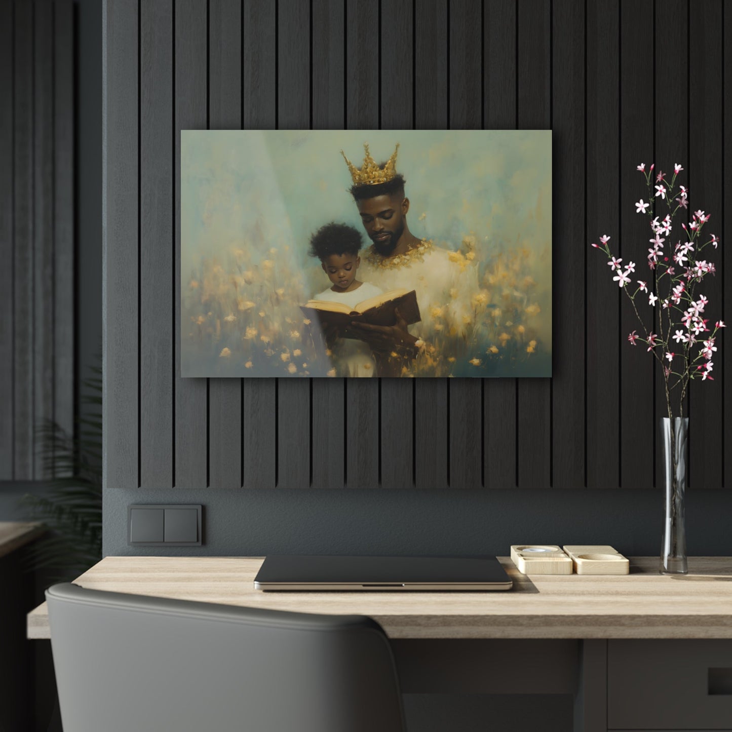 Horizontal-oriented wall art: A kingly father reads to his princely son, both adorned with crowns symbolizing the value of education. The painting features a magical realism style with whimsical elements, emphasizing the importance of knowledge and the bond between generations.