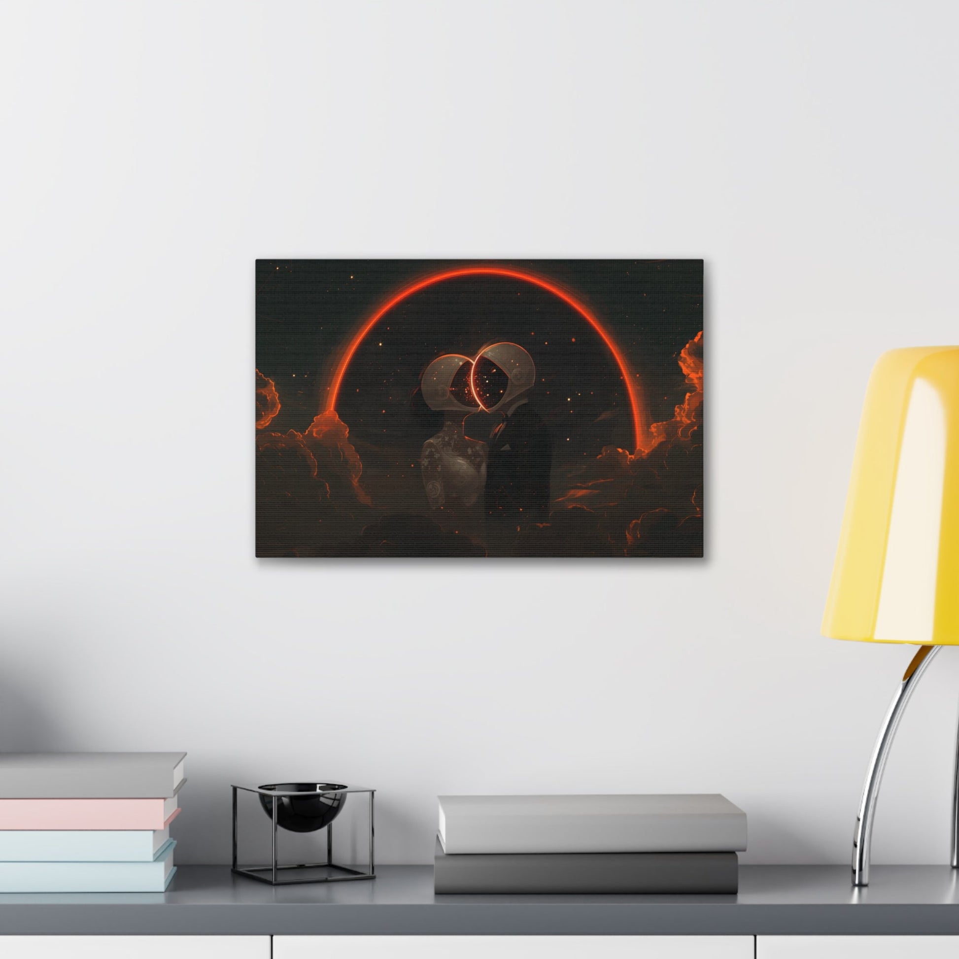 Horizontal-oriented wall art: Two astronauts, dressed in a tuxedo and a wedding dress, share a romantic kiss in space with their helmets forming a glowing heart shape. The dark, starry sky and the bright, orange-red halo create a whimsical and dreamy atmosphere.