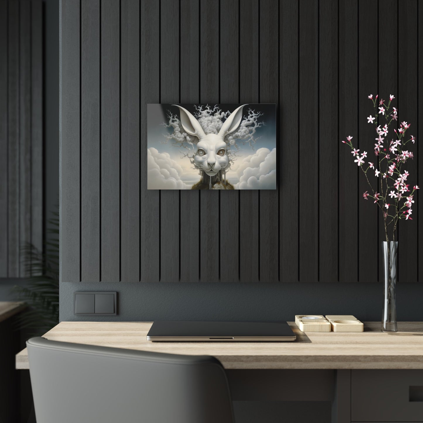 Horizontal-oriented wall art: A surreal, oversized white hare with mechanical eyes is depicted in the center, surrounded by swirling cloud-like forms. The background features a dreamy, ethereal landscape with hints of industrial architecture, blending natural and abstract elements.