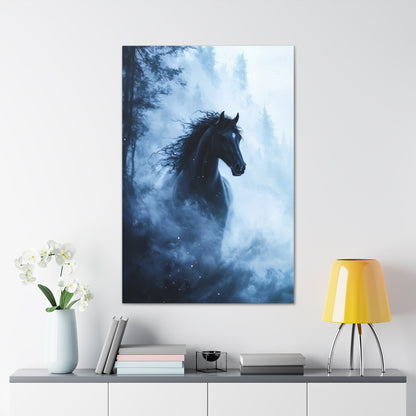 Vertical-oriented wall art: "Shadowed Stallion IV" A powerful black stallion charges through a misty forest, its mane flowing wildly as snow swirls around it. The contrast between the horse's dark figure and the soft, ethereal fog creates a striking, otherworldly scene.