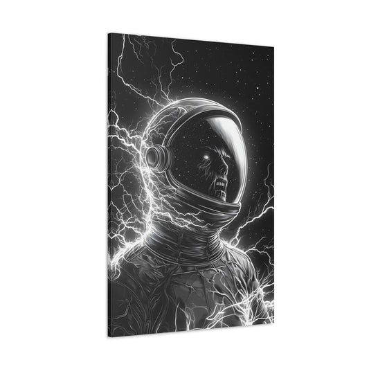 Vertical-oriented wall art: "Cosmic Remains II" A lone astronaut is struck by bolts of lightning in deep space, their face twisted in horror beneath their helmet. The black-and-white composition highlights the electric energy surrounding the figure, creating a dramatic, eerie atmosphere.