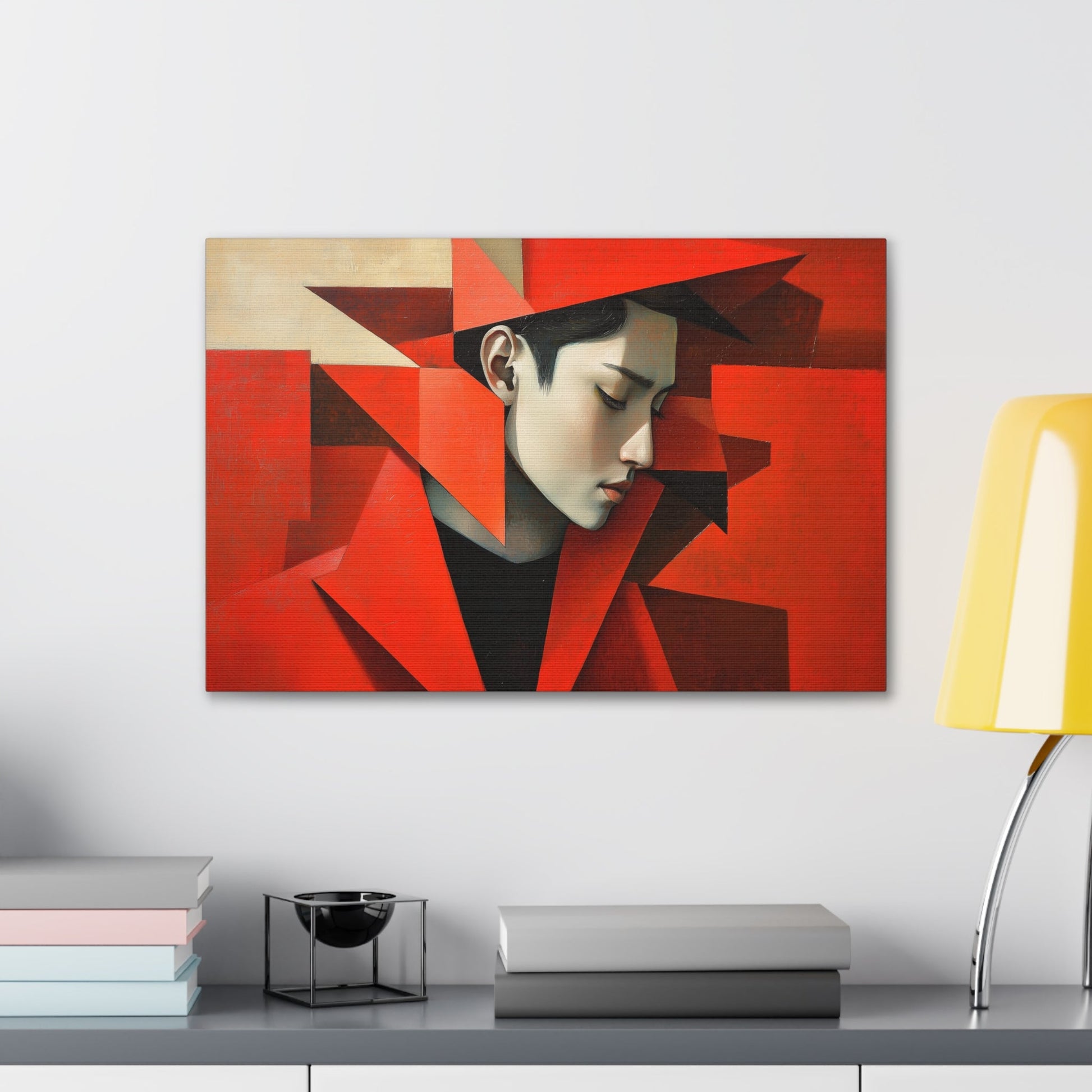 Horizontal-oriented wall art: "Refined in Fragments." A high-fashion Asian male is depicted in a Cubist style, with bold angular red geometric shapes framing his contemplative profile. The soft dramatic lighting contrasts with vivid red tones, creating an expressive and sophisticated composition.