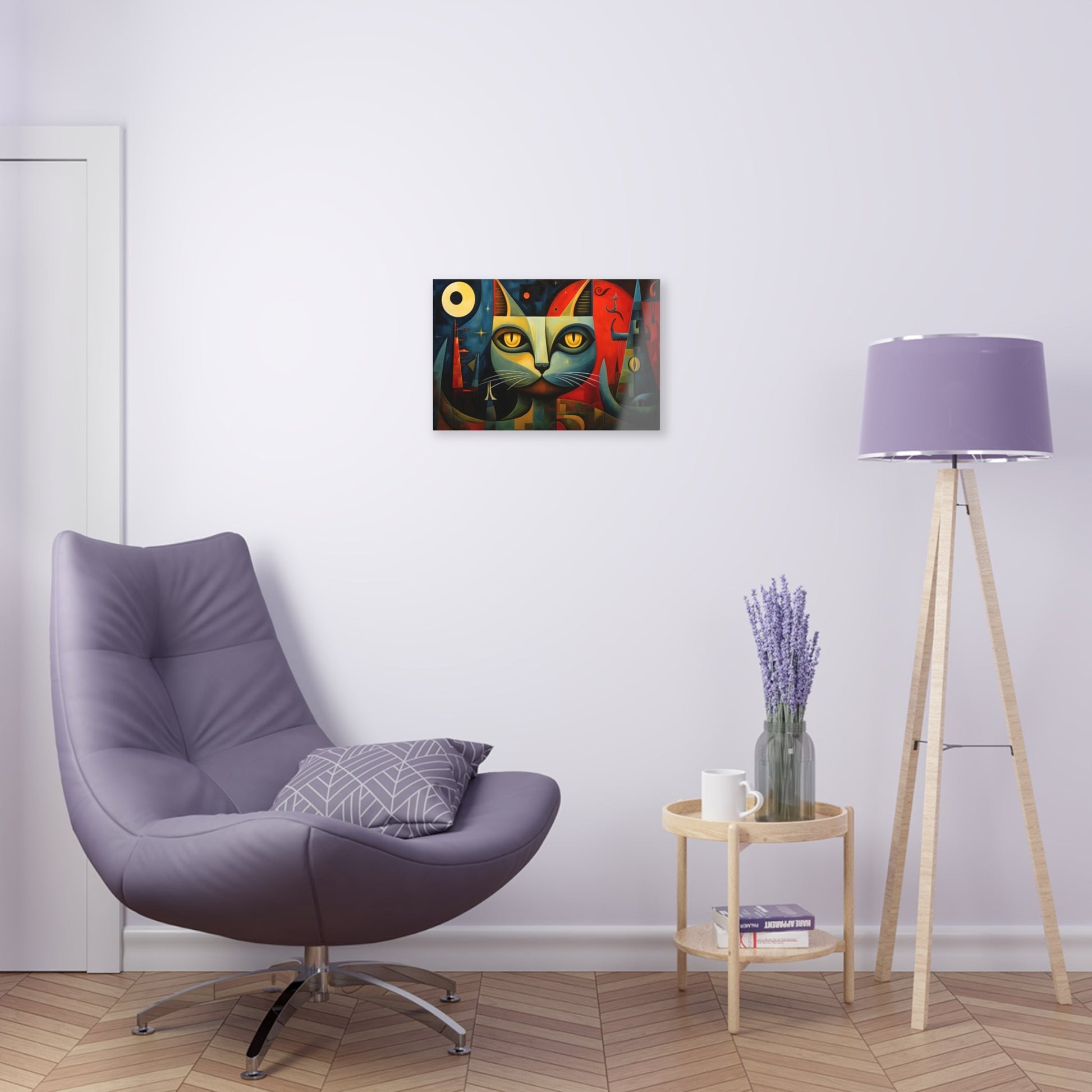 Horizontal-oriented wall art: A Cubist-inspired cat stares directly at the viewer, its eyes glowing with intensity against a backdrop of geometric shapes in deep blues, reds, and yellows. The abstract and surreal composition captures the feline's enigmatic nature, blending elements of modern art movements to create a vivid, otherworldly scene.