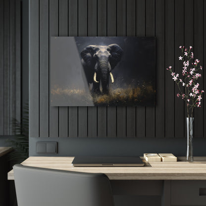 Horizontal-oriented wall art: Elephant's Shadow from the Darklight Bestiary collection depicts a majestic elephant inspired by Chiaroscuro painting technique. The interplay of light and shadow highlights the elephant's powerful form, creating a dramatic and captivating visual experience.