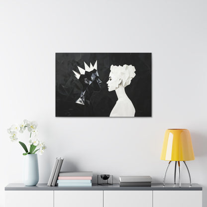 Horizontal-oriented wall art: "Kiss of Kings and Queens" A striking geometric artwork depicting an interracial couple, a Black king and a White queen, leaning in for an intimate moment, their fragmented profiles symbolizing unity and love. Bold black-and-white contrasts create a modern, abstract representation of harmony and diversity.