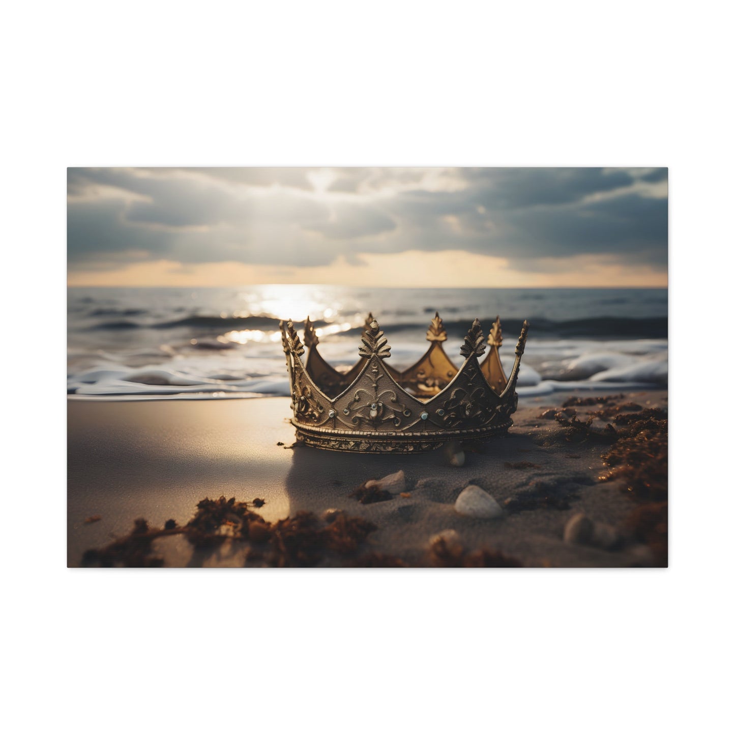 Horizontal-oriented wall art: "Find Your Crown" A golden crown rests gracefully on a sandy shore, illuminated by the warm glow of a sunset over gentle ocean waves. This evocative scene symbolizes self-discovery and the pursuit of inner majesty.