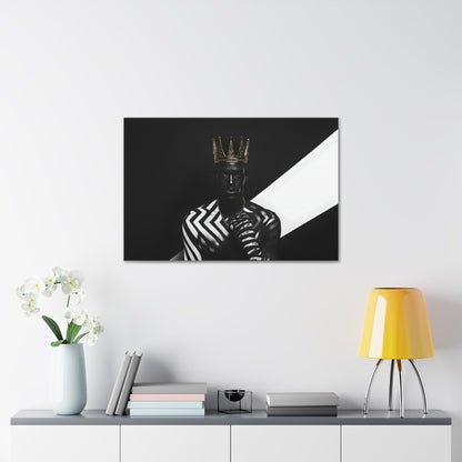 Horizontal-oriented wall art: "Crown of Dignity III" A striking portrait of a regal figure wearing a metallic gold crown, adorned in bold black and white geometric patterns. The artwork captures a modern, dignified presence, blending contemporary abstraction with royal elegance against a high-contrast background.