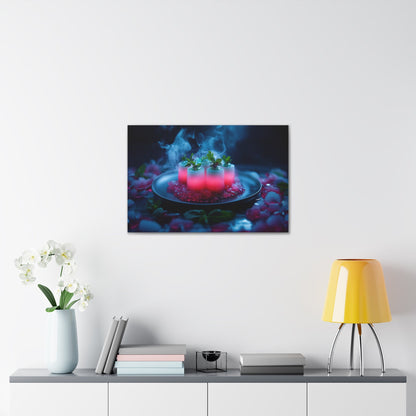 Horizontal-oriented wall art: "Xeno Cuisine." A glowing arrangement of alien meat and bioluminescent vegetables sits on an obsidian plate, surrounded by vapor and crystalline accents. The vibrant pink and cool blue tones contrast against the dark background, creating an otherworldly and surreal atmosphere.