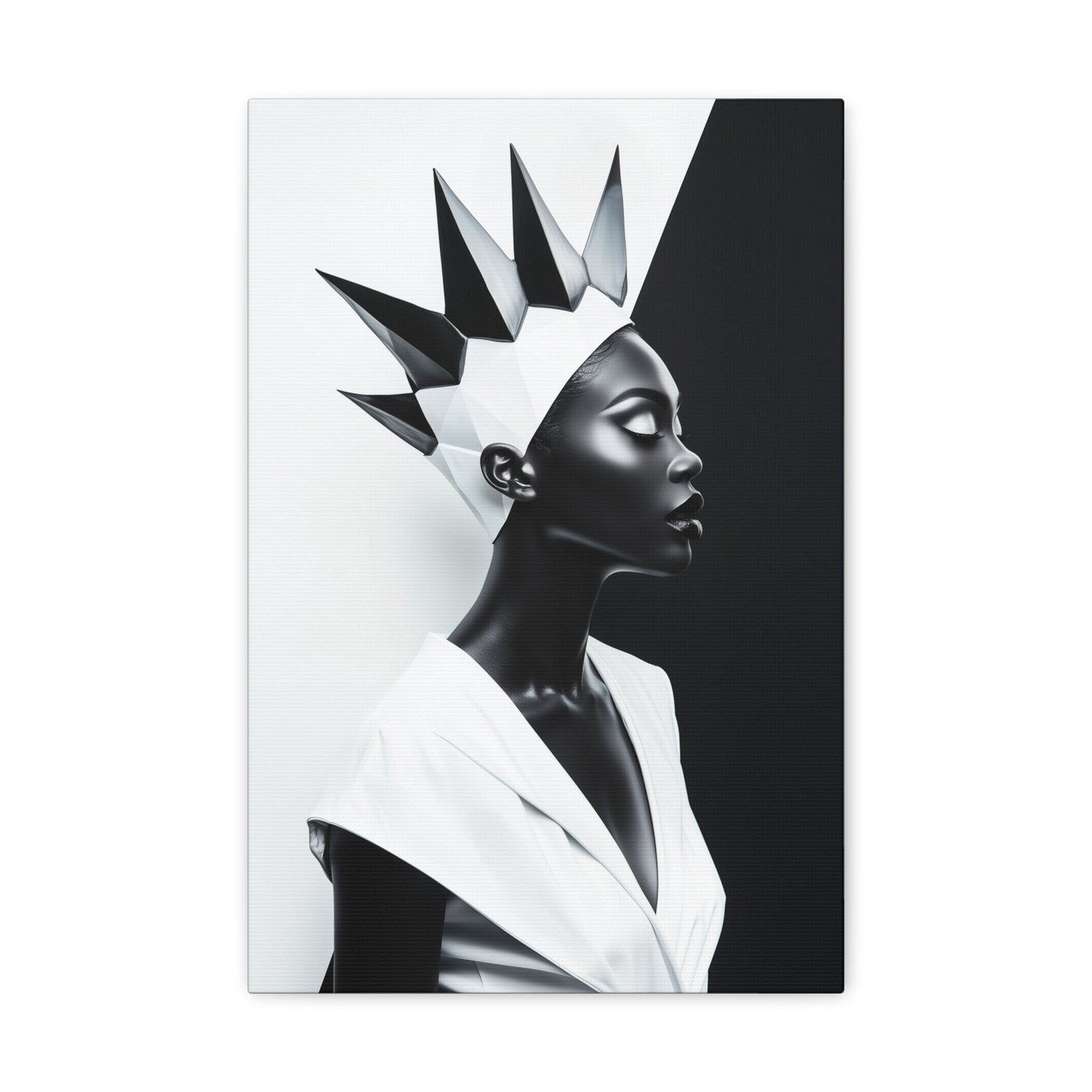 Vertical-oriented wall art: "Majestic Symmetry II" A striking portrait of a modern Black queen with a sharp geometric crown, set against a bold monochromatic background. The artwork highlights her regal elegance and symmetry, blending contemporary design with timeless sophistication.