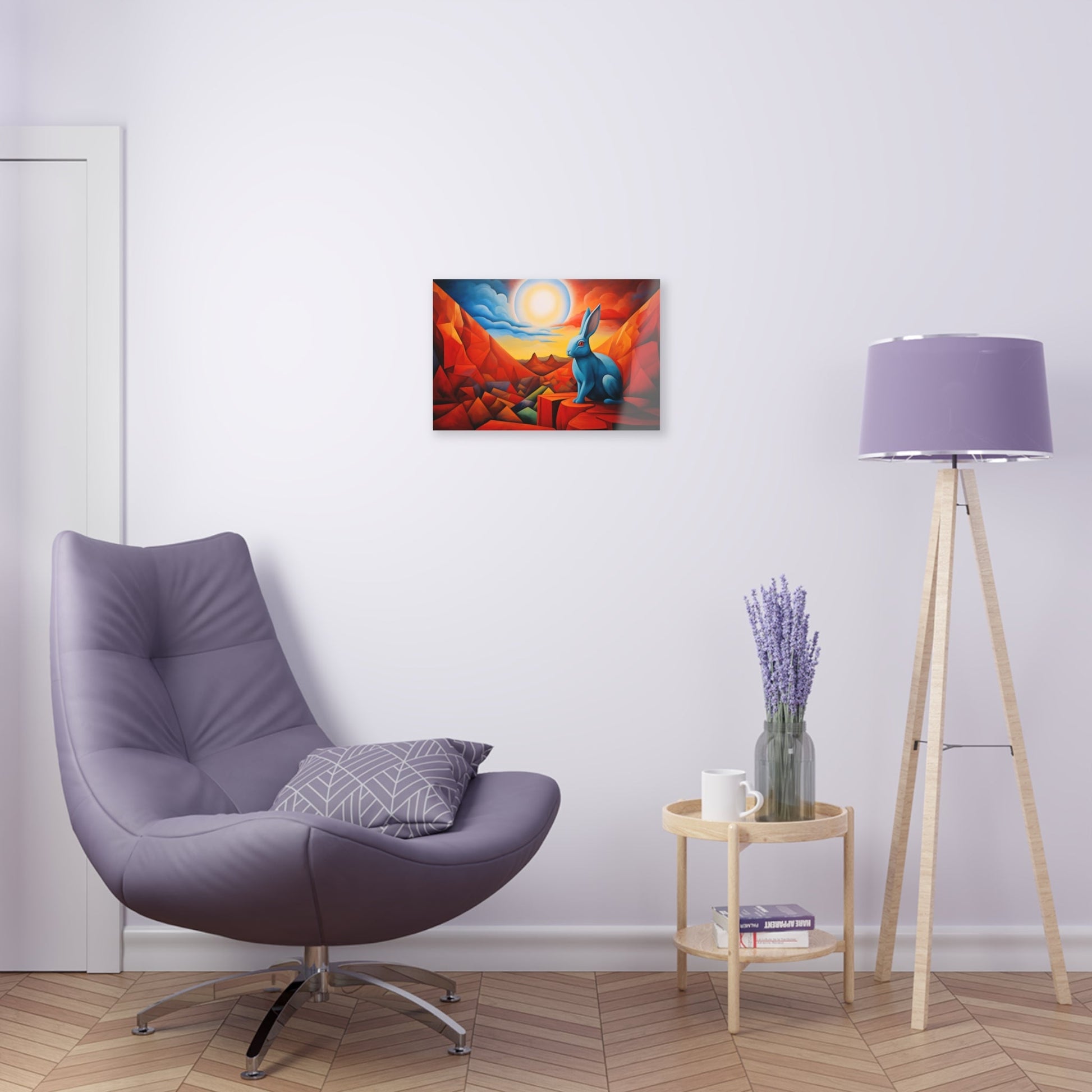 Horizontal-oriented wall art: "Vortic Hare III" features a vibrant blue rabbit sitting calmly on angular red rocks in a surreal, geometric landscape with a glowing sun in the background. The bold contrast of vivid blue, red, and orange tones evokes a dynamic fusion of Vorticism, Cubism, and Surrealism.